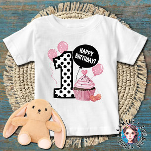 Camiseta Para Bebê Aniversário de 1 ano Bolinhas Número 1 aniversário