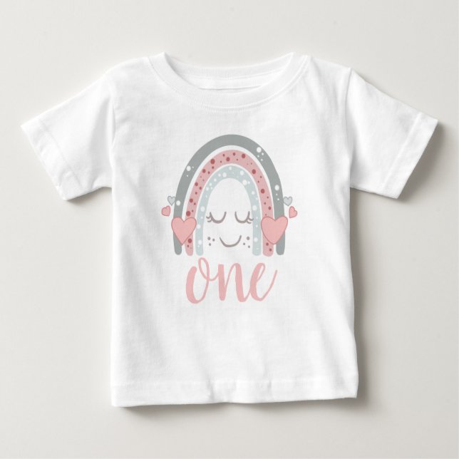 Camiseta Para Bebê Aniversário de 1 ano com Arco-íris Fofo (Frente)