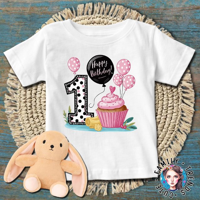 Camiseta Para Bebê Aniversário de 1 ano da Cute Cupcake (Criador carregado)