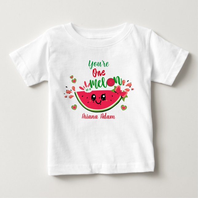 Camiseta Para Bebê  Aniversário de 1 ano da Menina Melancia Uma em um (Frente)