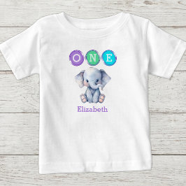 Camiseta Para Bebê Aniversário de 1 ano do Elefante com nome roxo