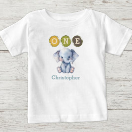 Camiseta Para Bebê Aniversário de 1 ano do Elefante um com nome azul