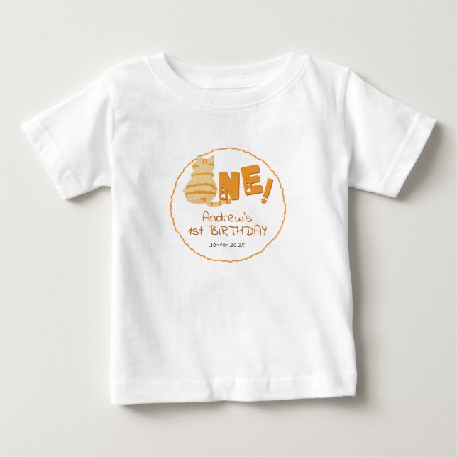 Camiseta Para Bebê Aniversário de 1 ano do Gatinho Laranja Gordinho F (Frente)