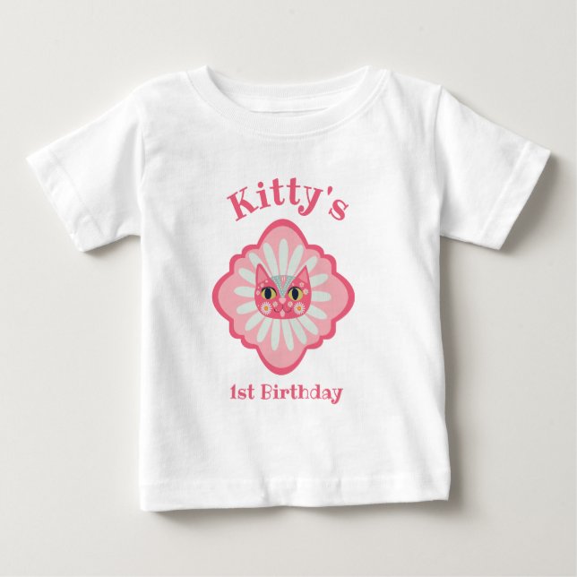 Camiseta Para Bebê Aniversário de 1 ano do Gato Daisy Kitty Cara (Frente)