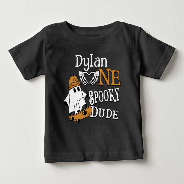 Camiseta Para Bebê Aniversário de 1 ano do Halloween Black One Spooky (Frente)