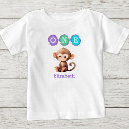 Camiseta Para Bebê Aniversário de 1 ano do macaco com nome roxo