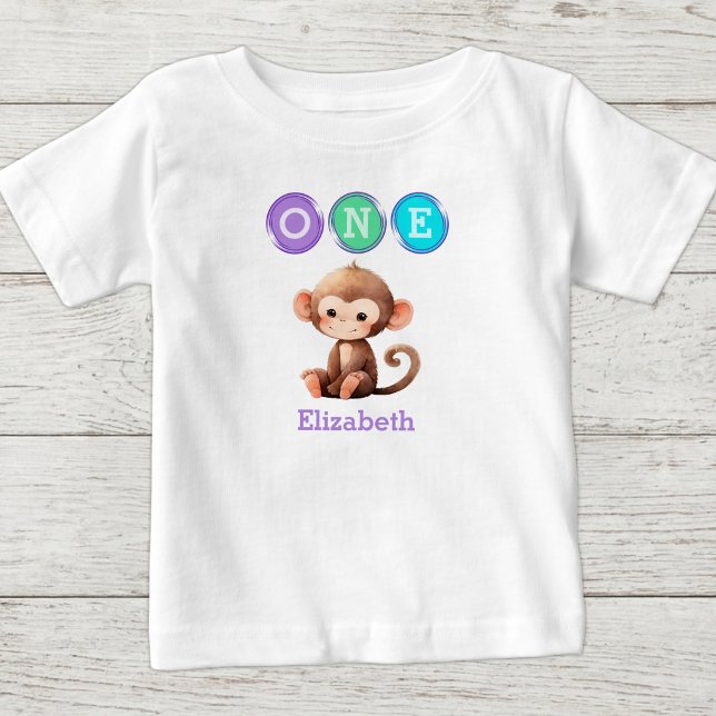 Camiseta Para Bebê Aniversário de 1 ano do macaco com nome roxo (Criador carregado)
