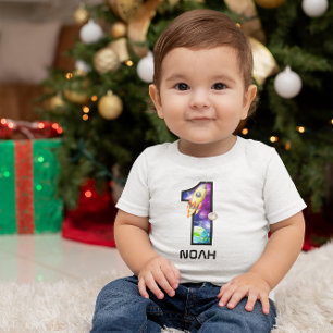 Camiseta Para Bebê Aniversário de 1 ano do menino astronauta