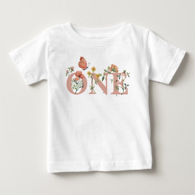 Camiseta Para Bebê Aniversário de 1 ano do Pequeno Flor Silvestre Aqu (Frente)