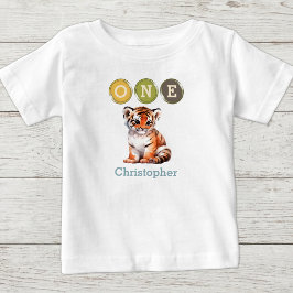 Camiseta Para Bebê Aniversário de 1 ano do Tigre um com nome azul