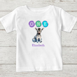 Camiseta Para Bebê Aniversário de 1 ano do Zebra um com nome roxo