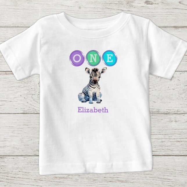 Camiseta Para Bebê Aniversário de 1 ano do Zebra um com nome roxo (Criador carregado)