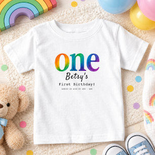 Camiseta Para Bebê Aniversário de 1 ano em Aquarela Arco-íris   Bebê 