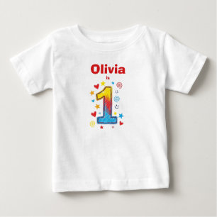 Camiseta Para Bebê Aniversário de 1 ano Fofo Colorido Desenhado à Mão
