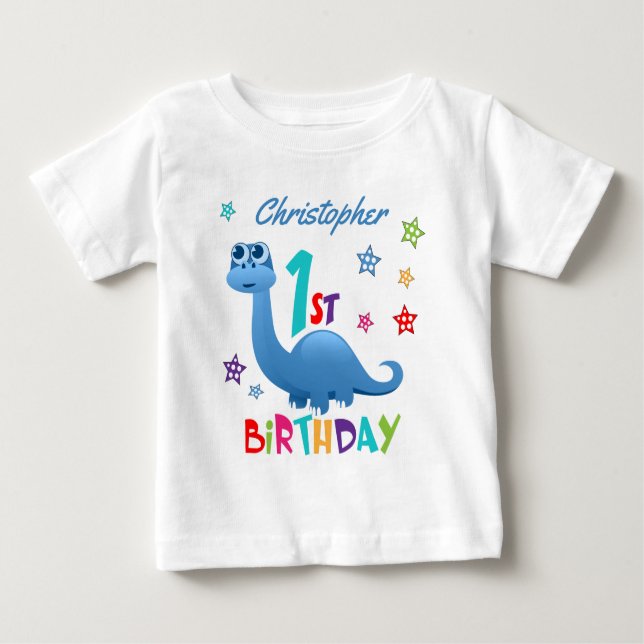 Camiseta Para Bebê Aniversário de 1 Ano Personalizado Dinossauro Azul (Frente)