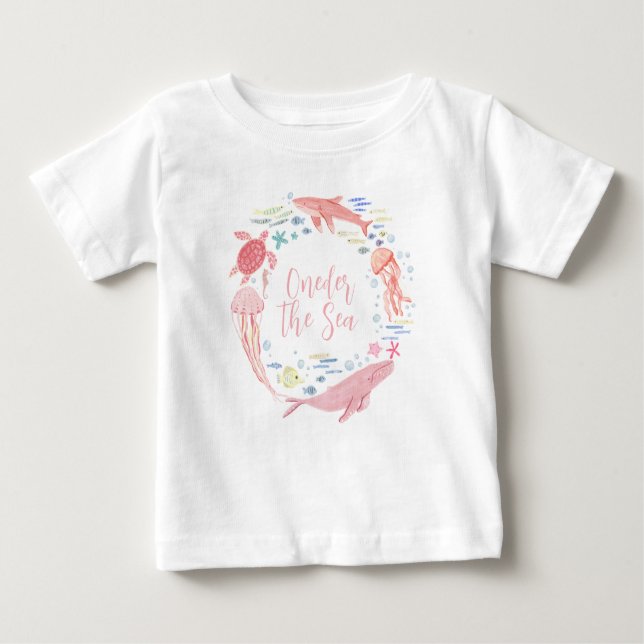 Camiseta Para Bebê Aniversário de 1 ano Pink Oneder The Sea (Frente)