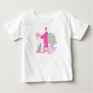 Camiseta Para Bebê Aniversário de 1 ano Sereia Pastel & Criaturas Mar