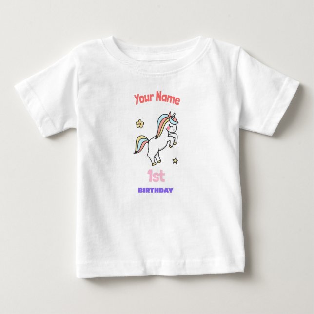 Camiseta Para Bebê Aniversário de 1 ano Unicórnio (Frente)