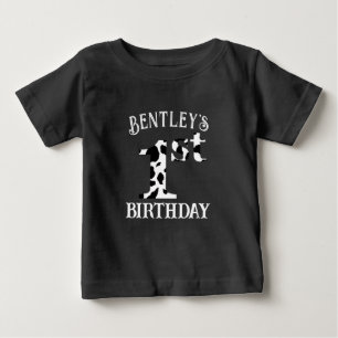 Camiseta Para Bebê Aniversário de 1 ano Vaca Impressão Texto Branco