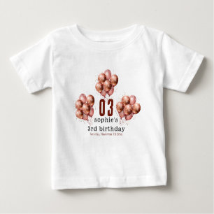 Camiseta Para Bebê Aniversário de 3 anos de balão Dourado Rosa com br