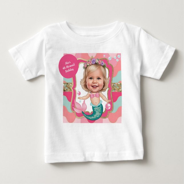 Camiseta Para Bebê Aniversário de 4 anos Caricatura de Sereia Rosa e  (Frente)