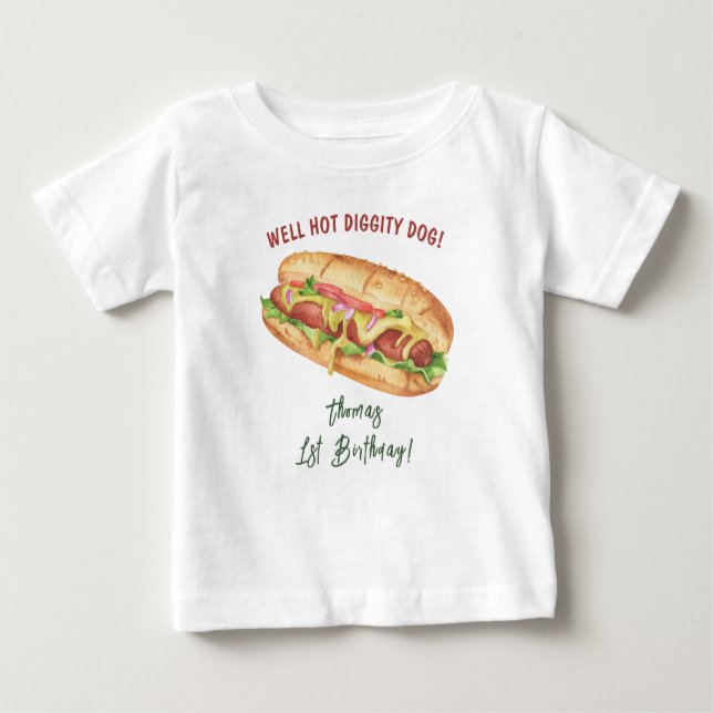 Camiseta Para Bebê Aniversário de criança de Cachorro Quente de Aquar (Frente)