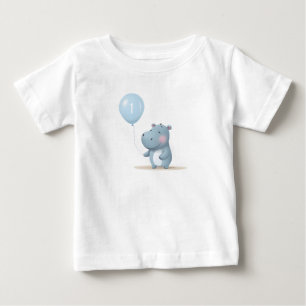 Camiseta Para Bebê Aniversário de Hipopótamo azul suave 