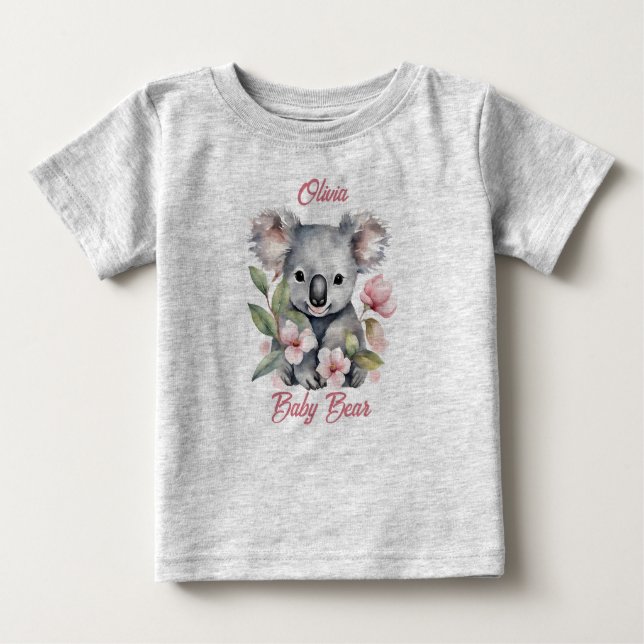 Camiseta Para Bebê Aniversário de Koala com Aquarela Rosa (Frente)