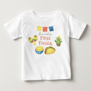 Camiseta Para Bebê Aniversário de Primeiro Ano Fiesta Aquarela