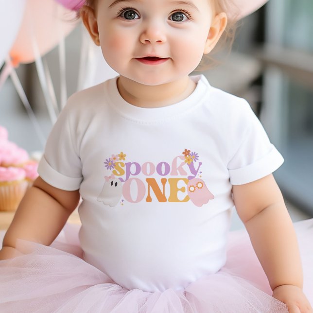 Camiseta Para Bebê Aniversário de um ano com tema de Halloween retrô (Criador carregado)