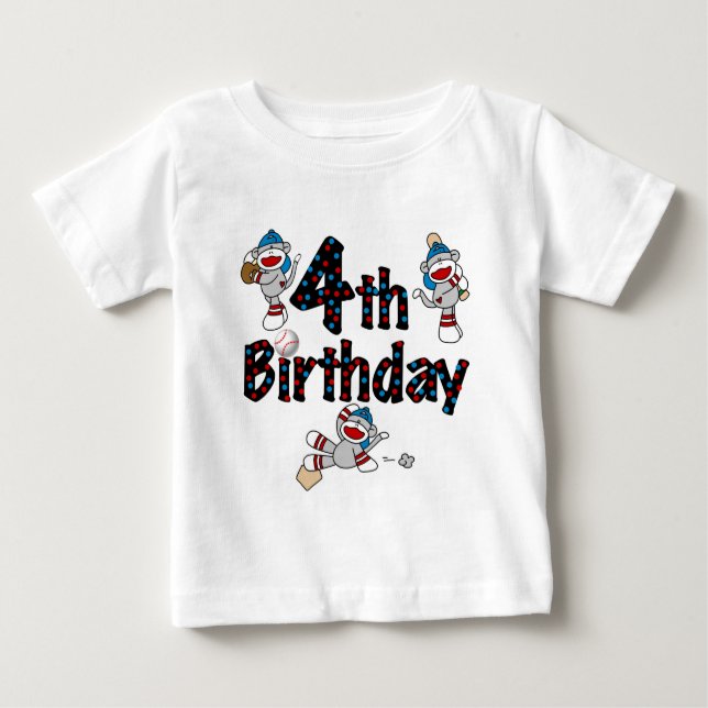 Camiseta Para Bebê Aniversário do 4º Monkey Sock Baseball (Frente)