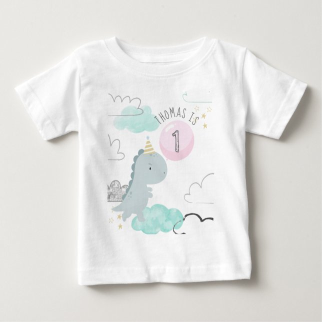 Camiseta Para Bebê Aniversário do Dinossauro Cute Personalizável (Frente)