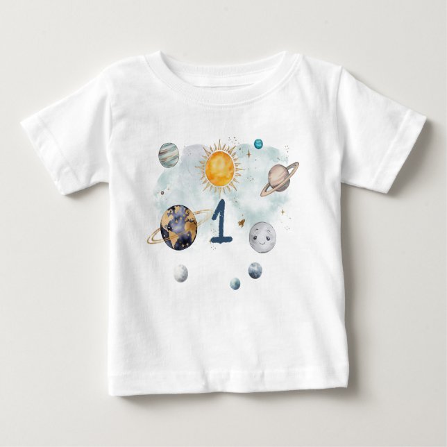 Camiseta Para Bebê Aniversário do Espaço Exterior Galáxia Sol Lua Est (Frente)