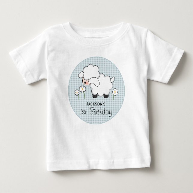 Camiseta Para Bebê Aniversário do Lamb Azul Gingham (Frente)