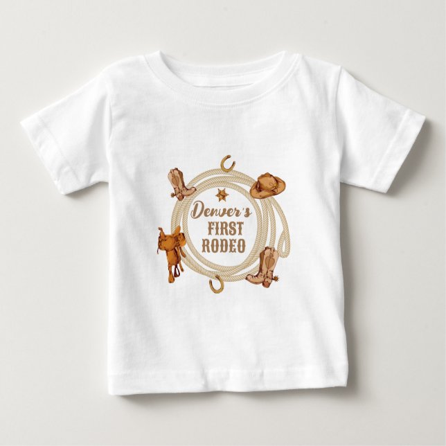 Camiseta Para Bebê Aniversário do Primeiro Rodeio do Cowboy Neutro em (Frente)