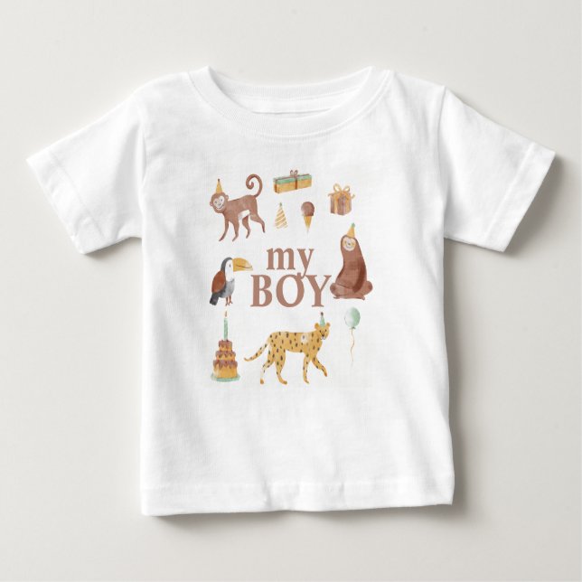 Camiseta Para Bebê Aniversário dos Pequenos Animais da Selva (Frente)