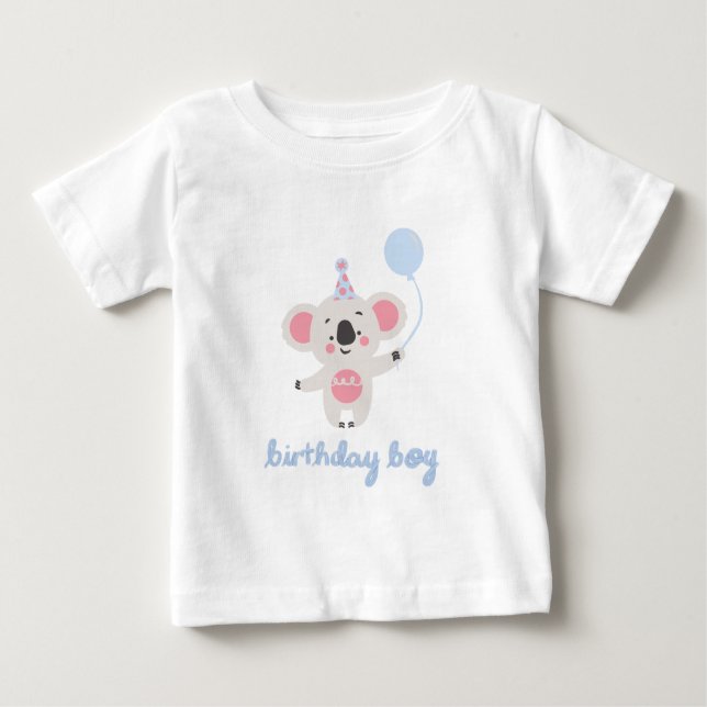 Camiseta Para Bebê Aniversário Garoto Teddy Urso Segurando Um Balão (Frente)