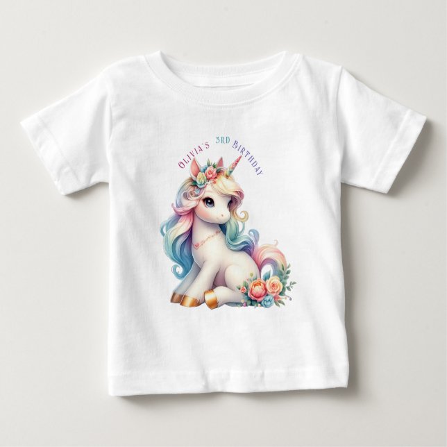 Camiseta Para Bebê Aniversário Mágico do Unicórnio Arco-íris (Frente)