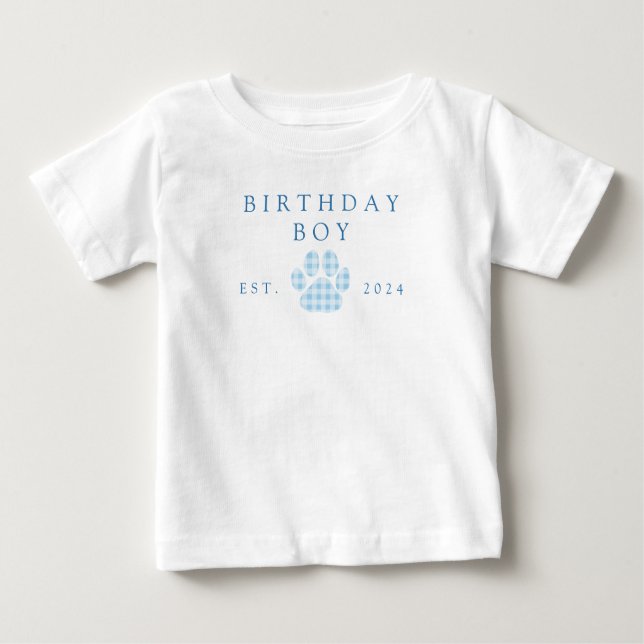 Camiseta Para Bebê Aniversário Menino Azul Xadrez Impressão de Pata d (Frente)
