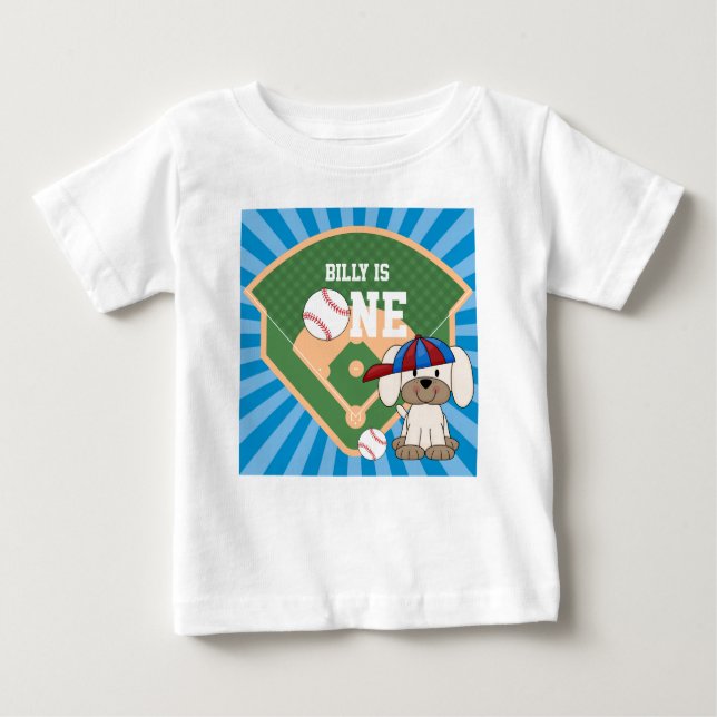 Camiseta Para Bebê Aniversário Personalizado de 1 Ano do Cachorrinho  (Frente)