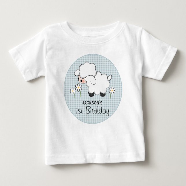 Camiseta Para Bebê Aniversário Personalizado de Lamb Azul Gingham (Frente)