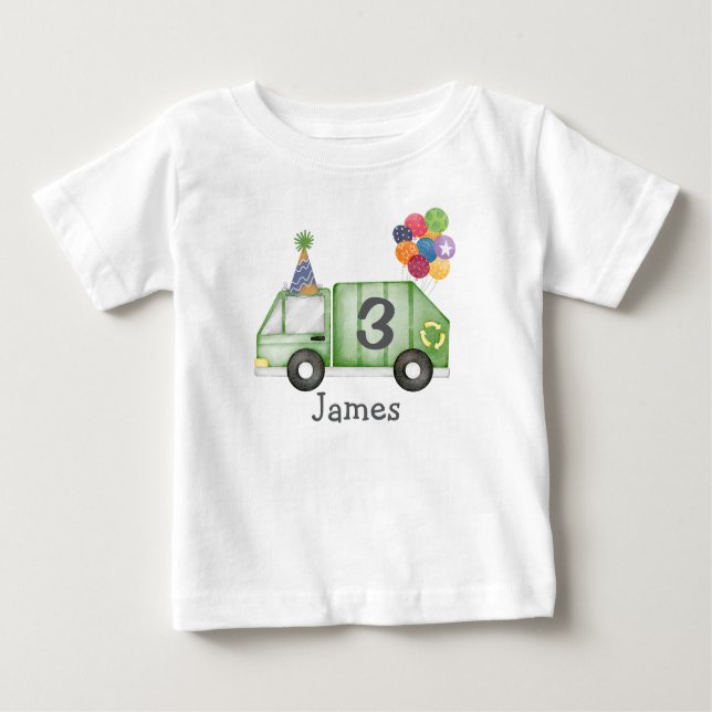 Camiseta Para Bebê Aniversário Personalizado do Caminhão de Lixo para (Frente)