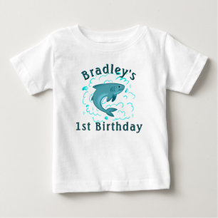 Camiseta Para Bebê Aniversário Personalizado do Tubarão 1 ano
