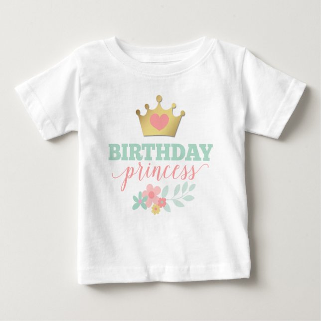 Camiseta Para Bebê Aniversário Princesa Dourada Coroa e Shabby Rosa F (Frente)