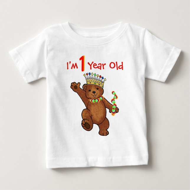 Camiseta Para Bebê Aniversário real de urso de 1 ano  (Frente)