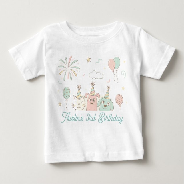Camiseta Para Bebê Aniversário Três Doce e Divertido (Frente)