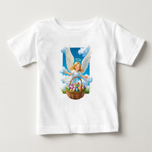 Camiseta Para Bebê Anjo da Páscoa alegre com o cesto (Frente)