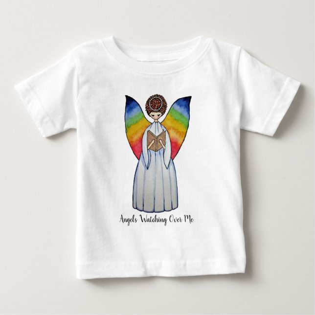 Camiseta Para Bebê Anjo De Aquarela Com Asas Arco-Íris Lendo Um Livro (Frente)