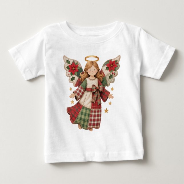 Camiseta Para Bebê Anjo de Natal com Estrelas Douradas (Frente)