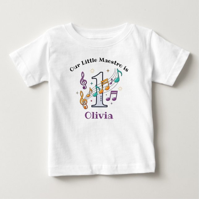 Camiseta Para Bebê Anotações Musicais Coloridas Primeiro Aniversário (Frente)